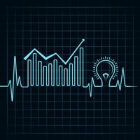 Photo of a chart showing heart beat, stock performance, and an idea lightbulb