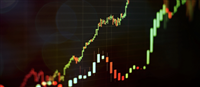 Technical price graph and indicator, red and green candlestick chart on blue theme screen, market volatility, up and down trend. Stock trading, crypto currency background. — Photo
